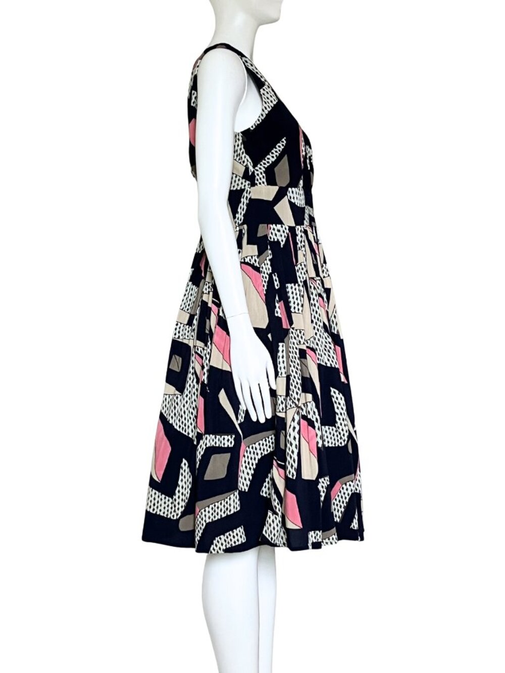 Aryeh Navy Geometric Print Fit & Flare Midi Dress. Medium. Retro Twee Bauhaus - Picture 5 of 11